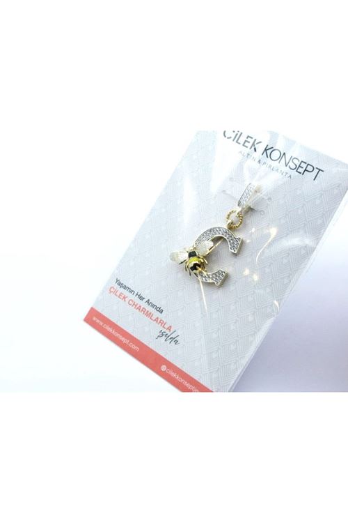 14 Ayar Altın C Harfli Arı Figürlü Kolye Ucu