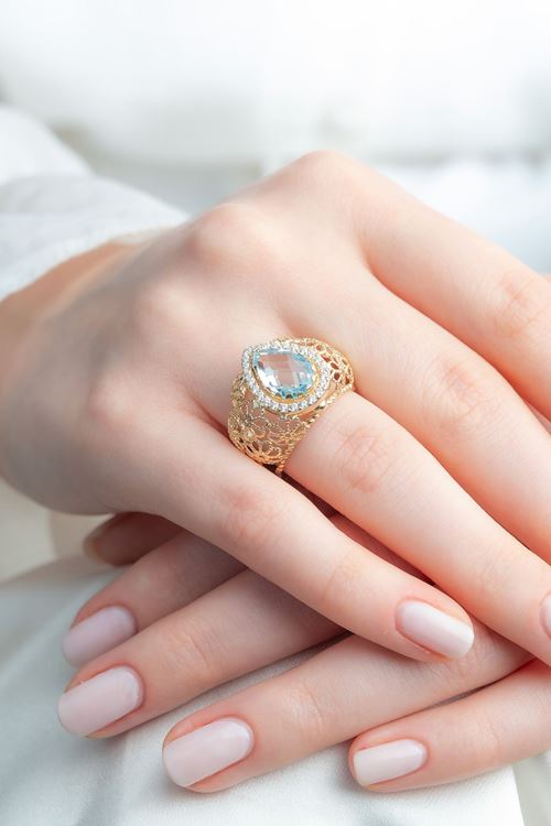 14 Ayar Altın Mavi Damla Taşlı Tasarım Yüzük