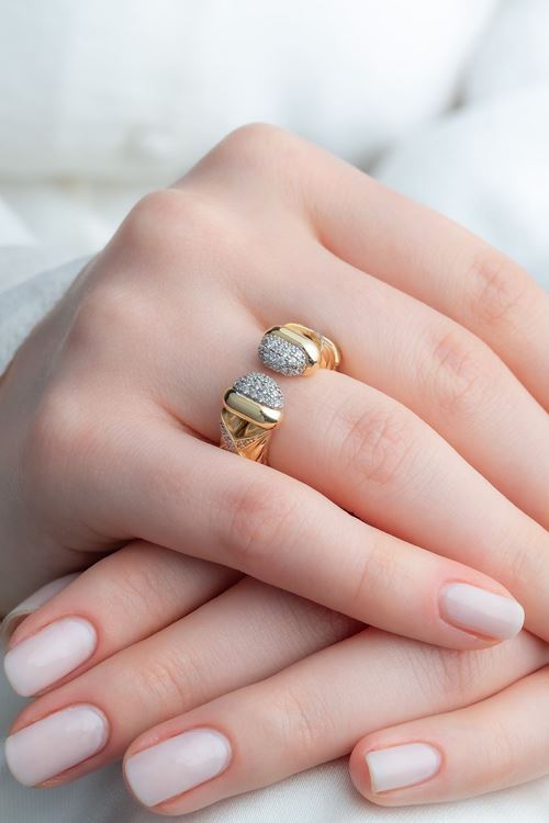 14 Ayar Sarı Beyaz Altın Taşlı Çiftbaşlı Yüzük