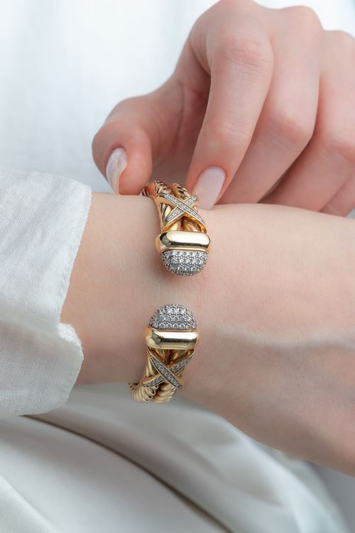 14 Ayar Sarı Beyaz Altın Taşlı Çiftbaşlı Bilezik