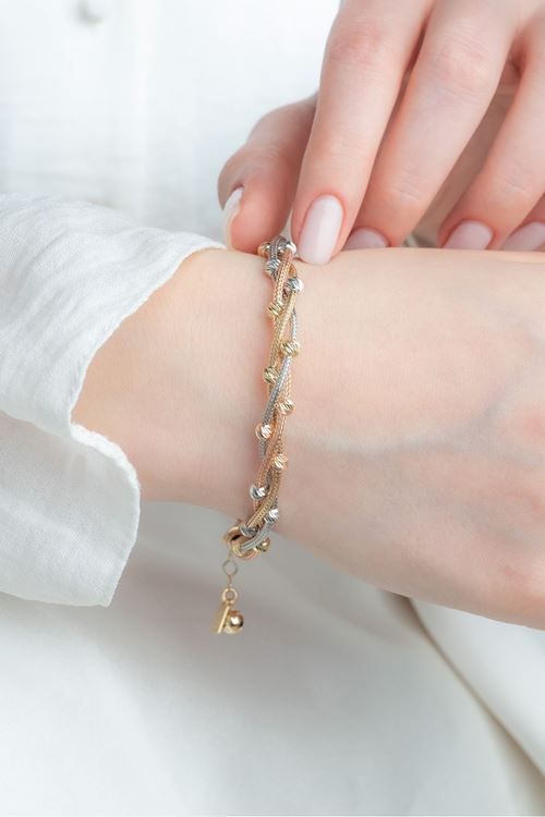 14 Ayar Üç Renkli Altın Toplu Burgu Bileklik