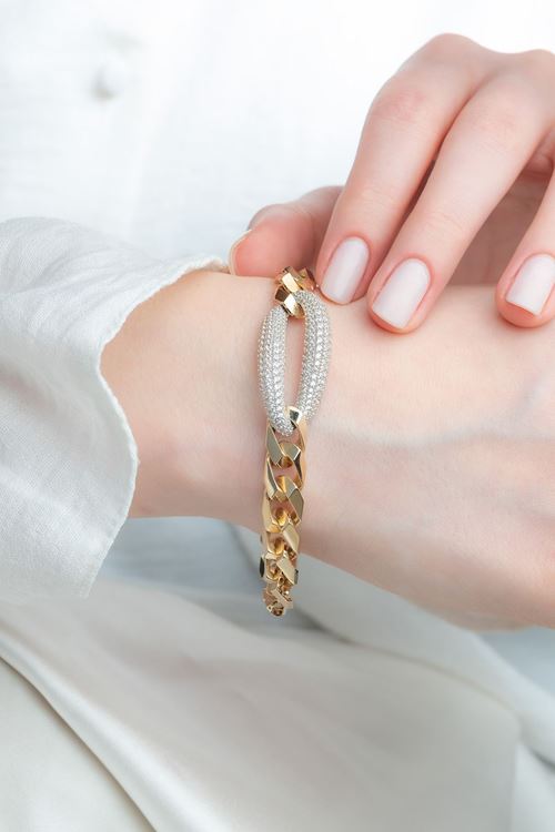 14 Ayar Sarı Beyaz Taşlı Altın Gurmet Bileklik