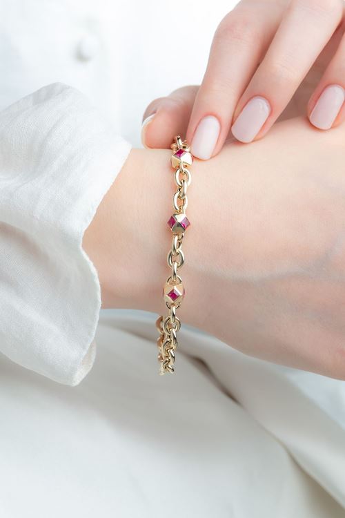 14 Ayar Altın Pembe Taşlı 3Lü Tasarım Bileklik