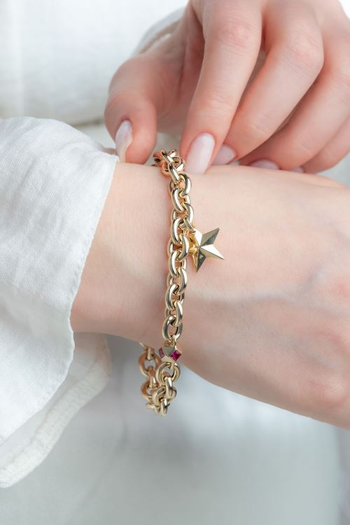14 Ayar Altın Yıldız Sallantılı Pembe Taşlı Bileklik