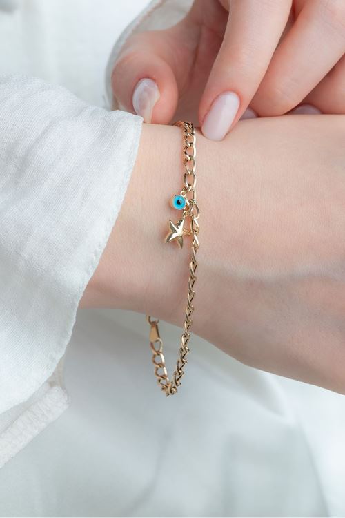 14 AYar Altın İnce Yıldız Figür Nazarlı Bileklik