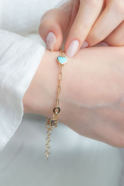 14 Ayar Altın Mavi Kalpli İnce Şans Bileklik