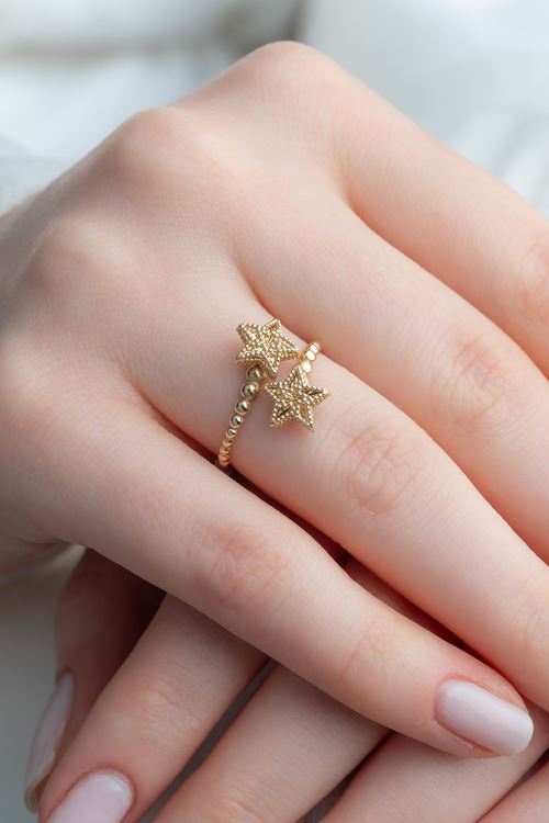 14 Ayar Altın İkili Yıldız Figürlü Minimal Yüzük