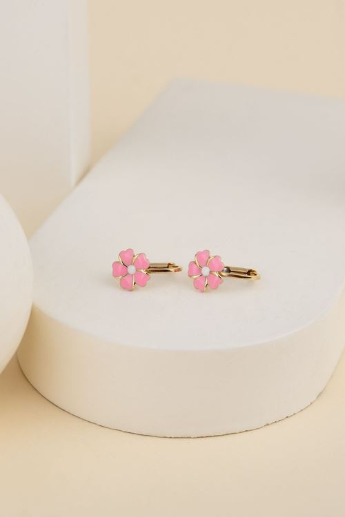 14 Ayar Altın Pembe Çiçekli Çocuk Küpe