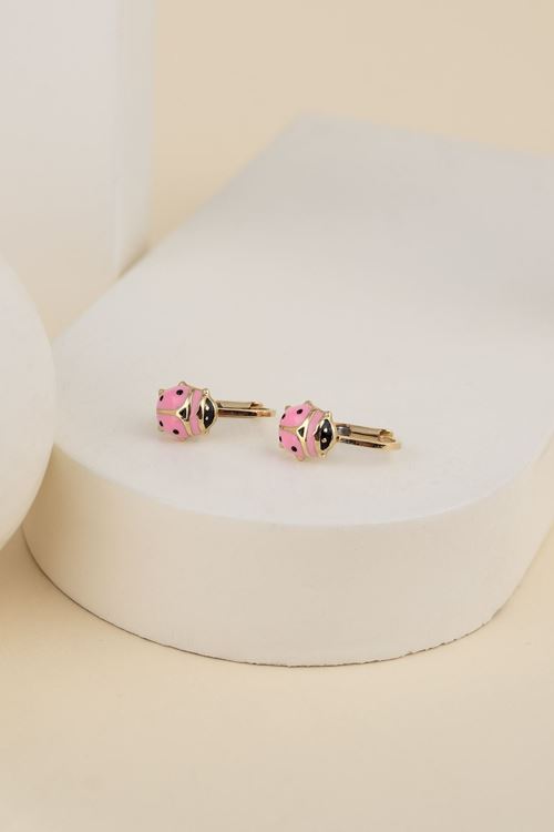 14 Ayar Altın Pembe Renkli Uğur Böceği Çocuk Küpe