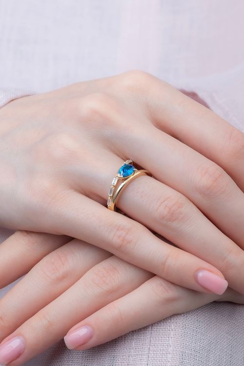 14 Ayar Altın Mavi Damla Taşlı Trend Yüzük