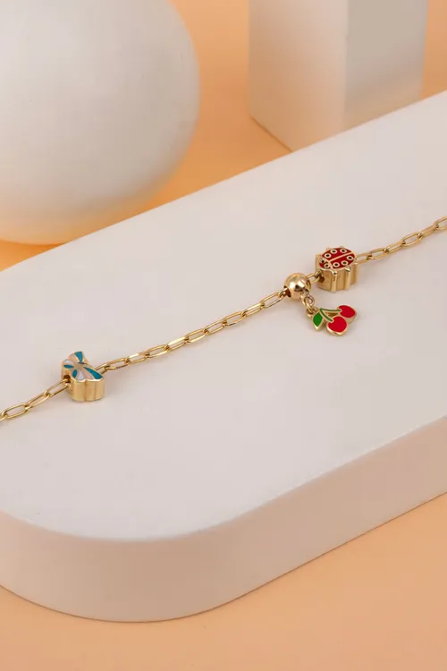 14 Ayar Altın Sallamalı Kiraz Figürlü Bebek Bileklik